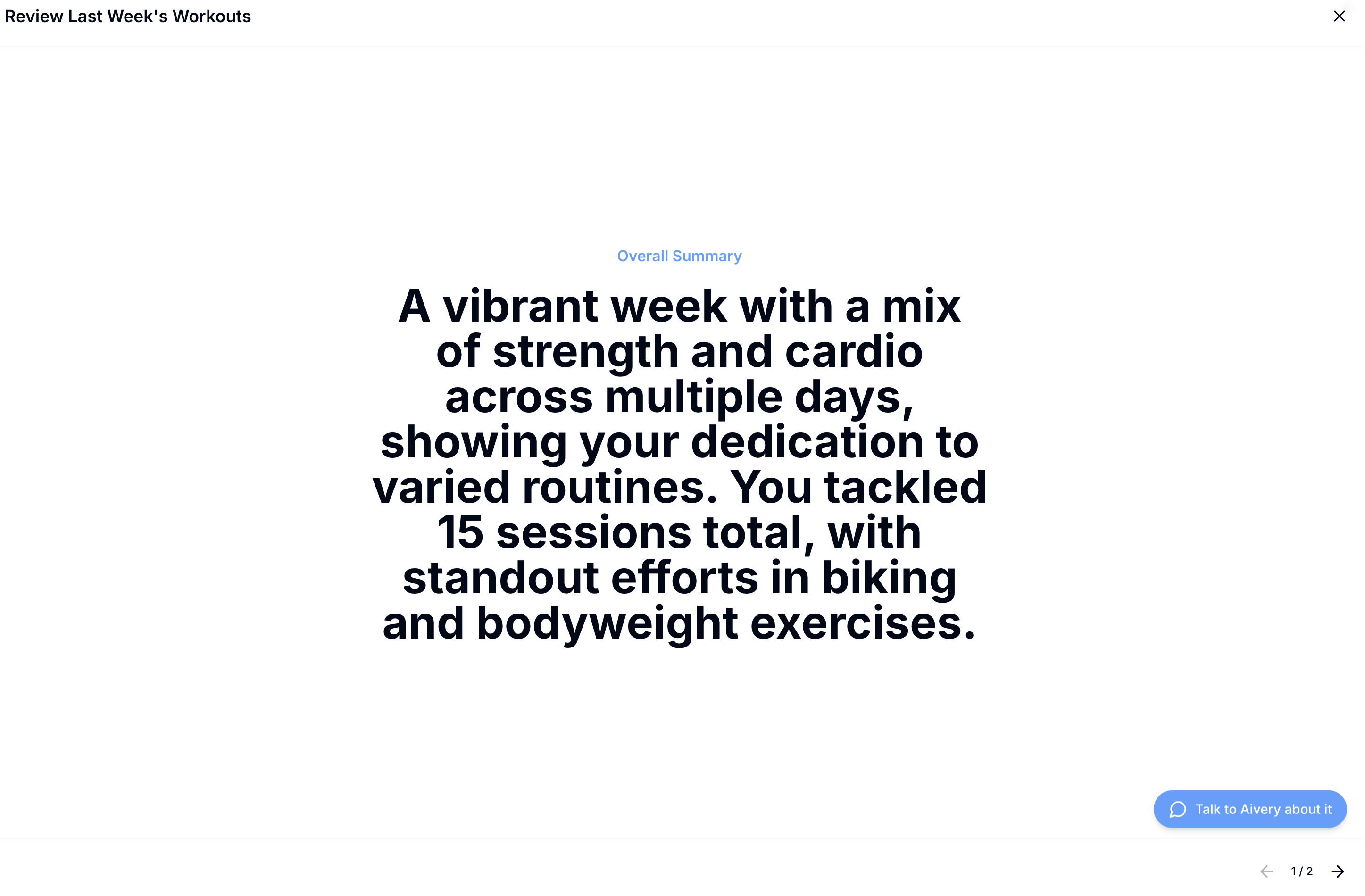 Weekly workout review showing performance stats and AI analysis